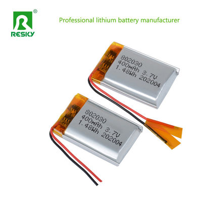 कॉम्पैक्ट 3.7v 400mAh रिचार्जेबल लिथियम पॉलीमर बैटरी पावर लिथियम आयन सेल 802030 Jst कनेक्टर के साथ